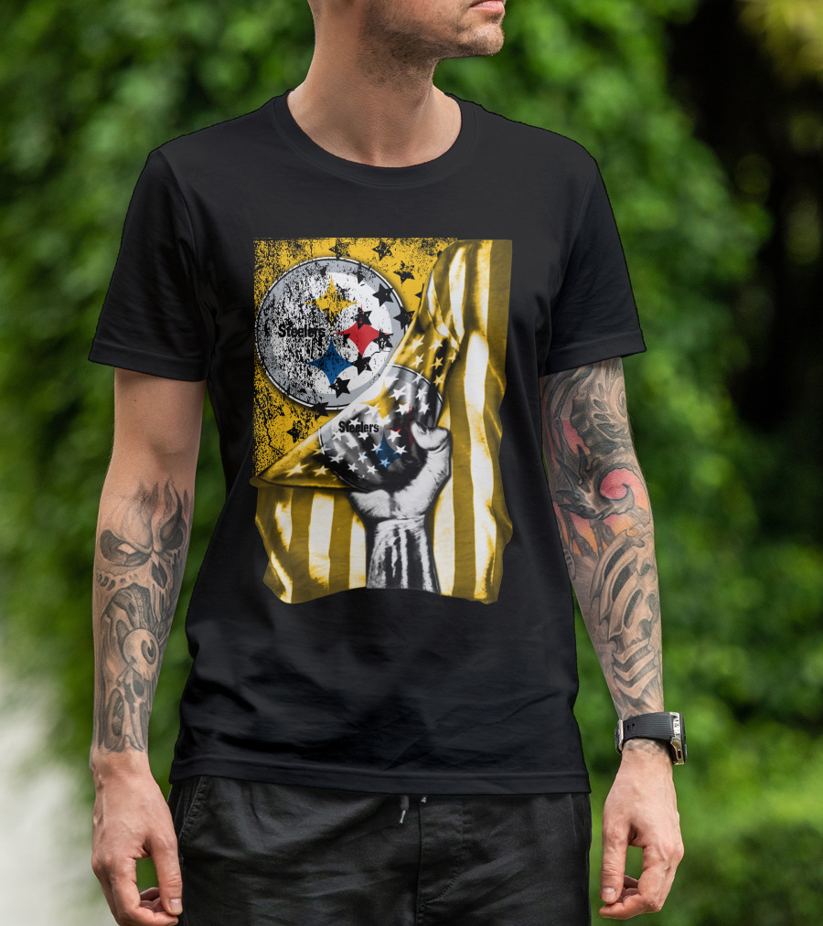 Steelers Logo Hand Yellow And Black Stripes Flag Pittsburgh Steelers T-Shirt