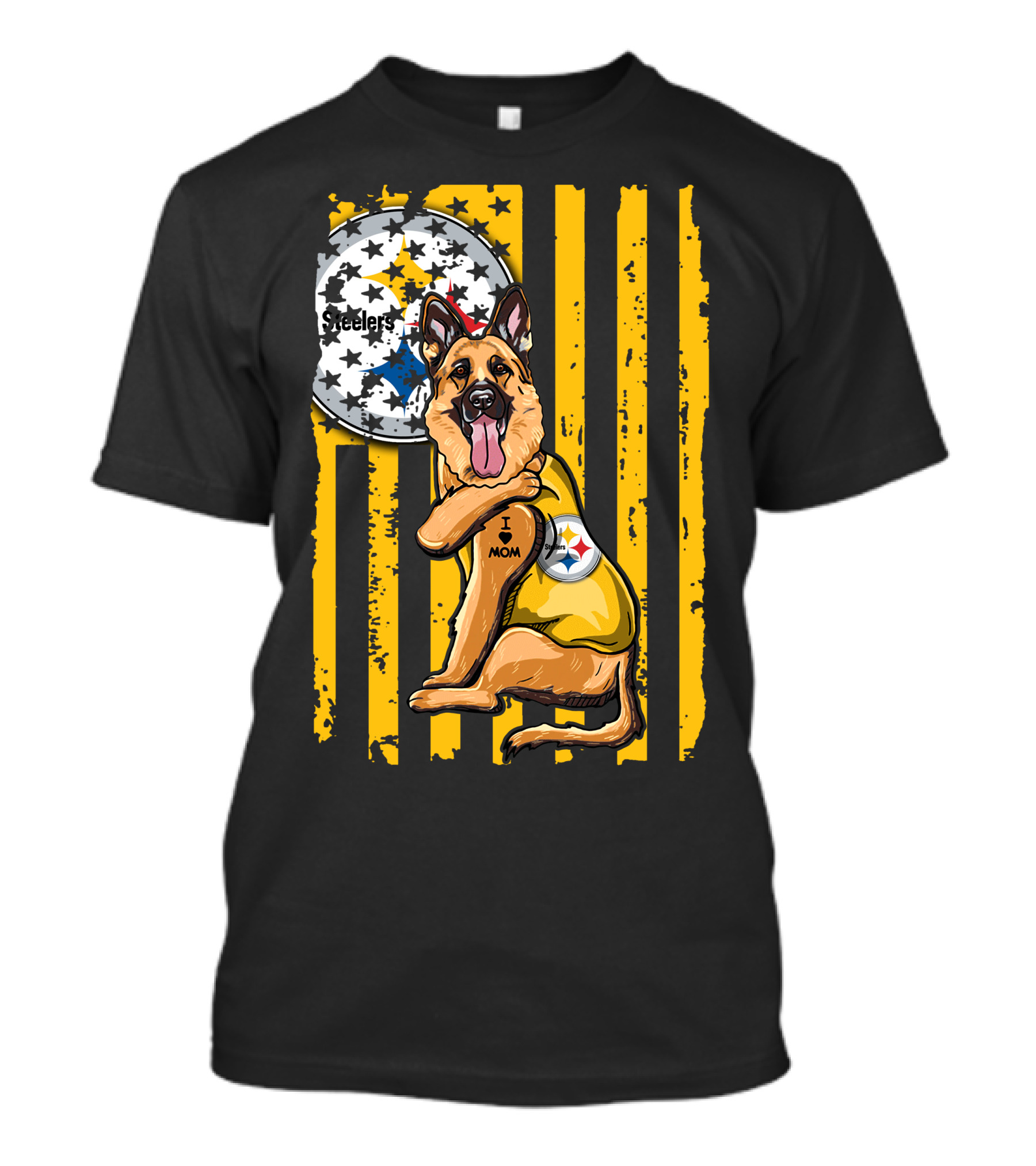 German Shepherd Steelers Fan With I Love Mom Tattoo And Team T-Shirt