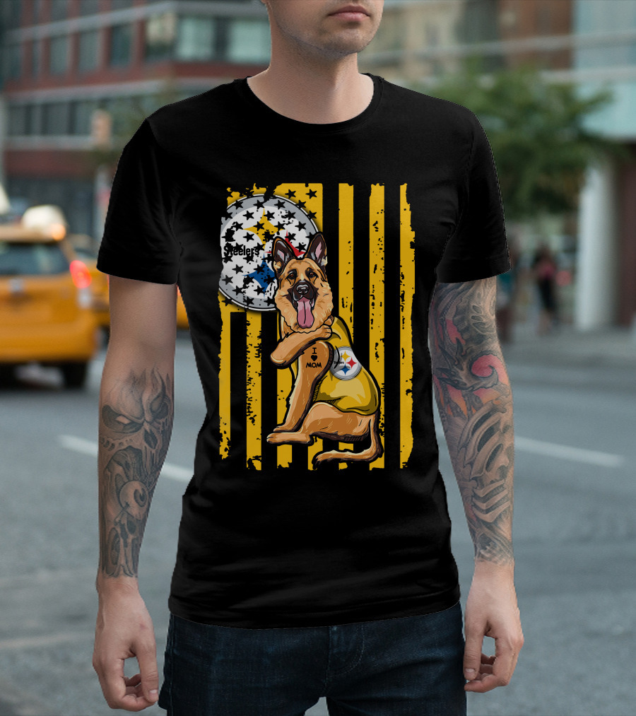German Shepherd Steelers Fan with I Love Mom Tattoo and Team T-Shirt