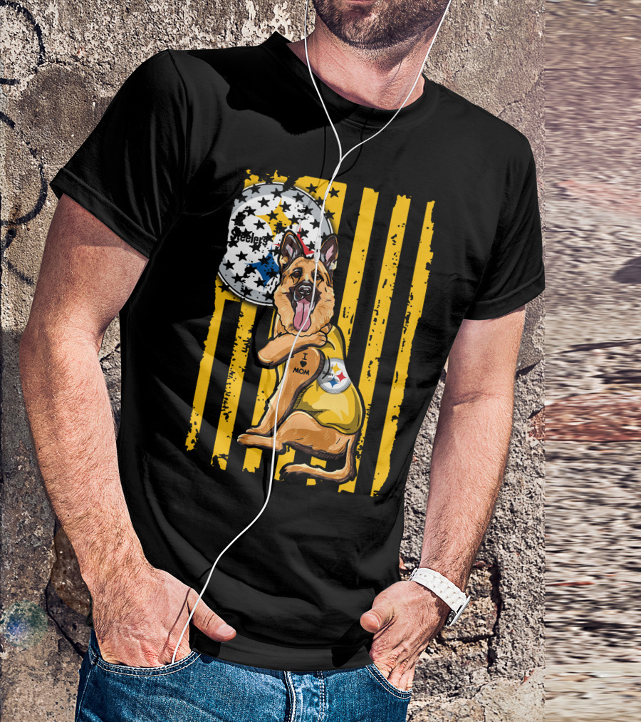 German Shepherd Steelers Fan With I Love Mom Tattoo And Team T-Shirt