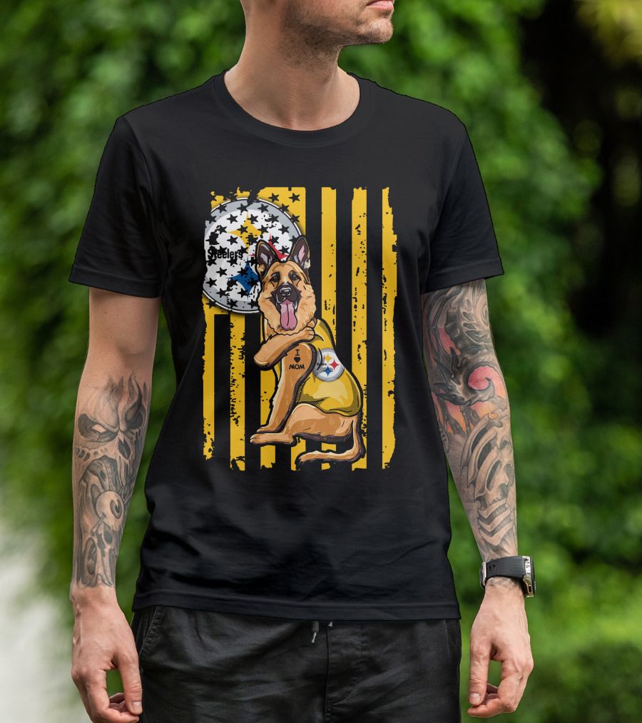 German Shepherd Steelers Fan With I Love Mom Tattoo And Team T-Shirt