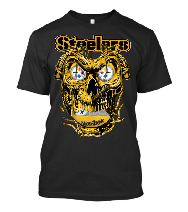 Steelers Dragonskull Yellow Mechanical Skull With Pittsburgh Steelers Logo Eyes T-Shirt