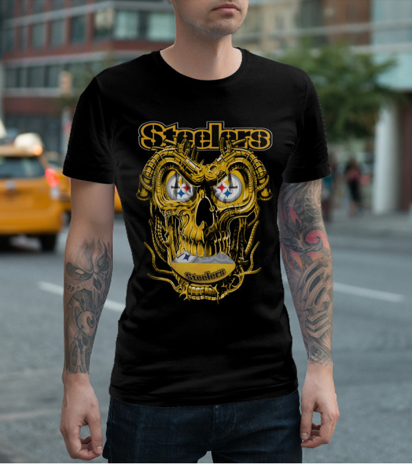 Steelers Dragonskull Yellow Mechanical Skull With Pittsburgh Steelers Logo Eyes T-Shirt