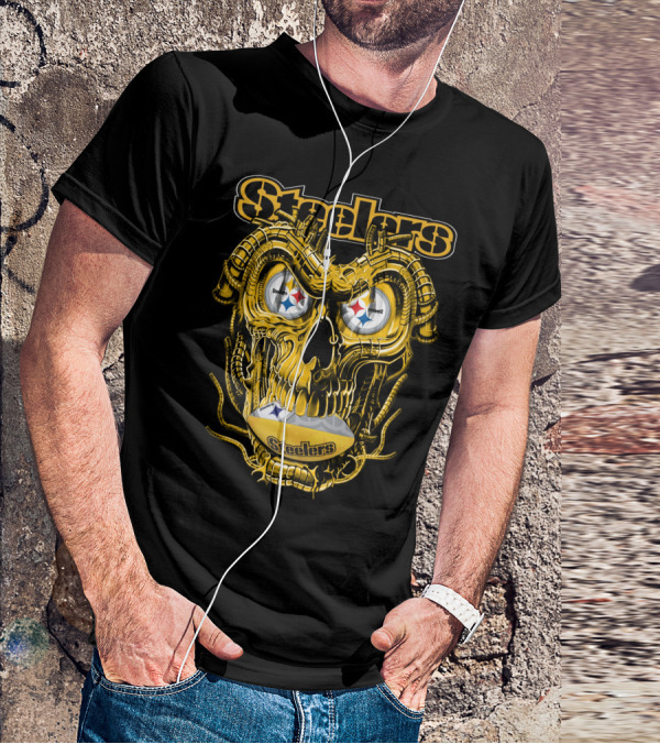 Steelers Dragonskull Yellow Mechanical Skull With Pittsburgh Steelers Logo Eyes T-Shirt