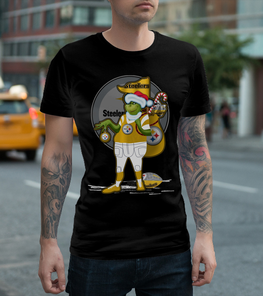 Grinchxmas Pittsburgh Steelers Santa Hat Candy Cane Football Holiday T-Shirt