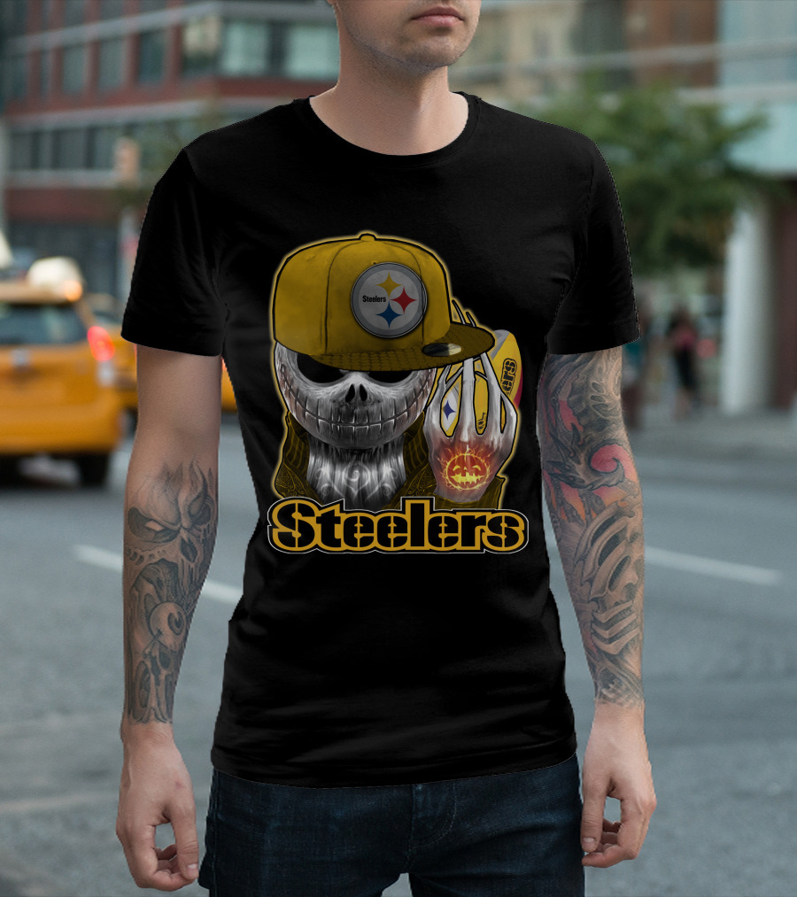 Steelers Skull with Yellow Cap and Pumpkin Hand T-Shirt