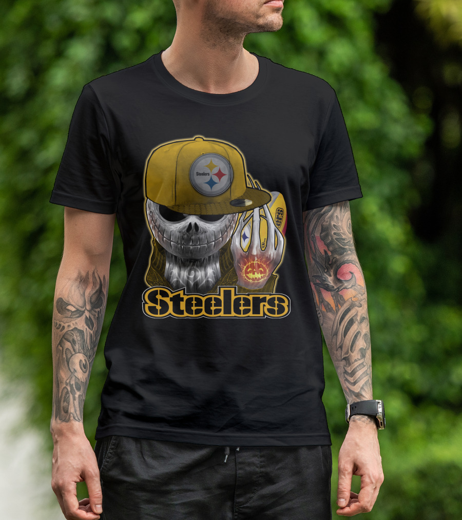 Steelers Skull With Yellow Cap And Pumpkin Hand T-Shirt