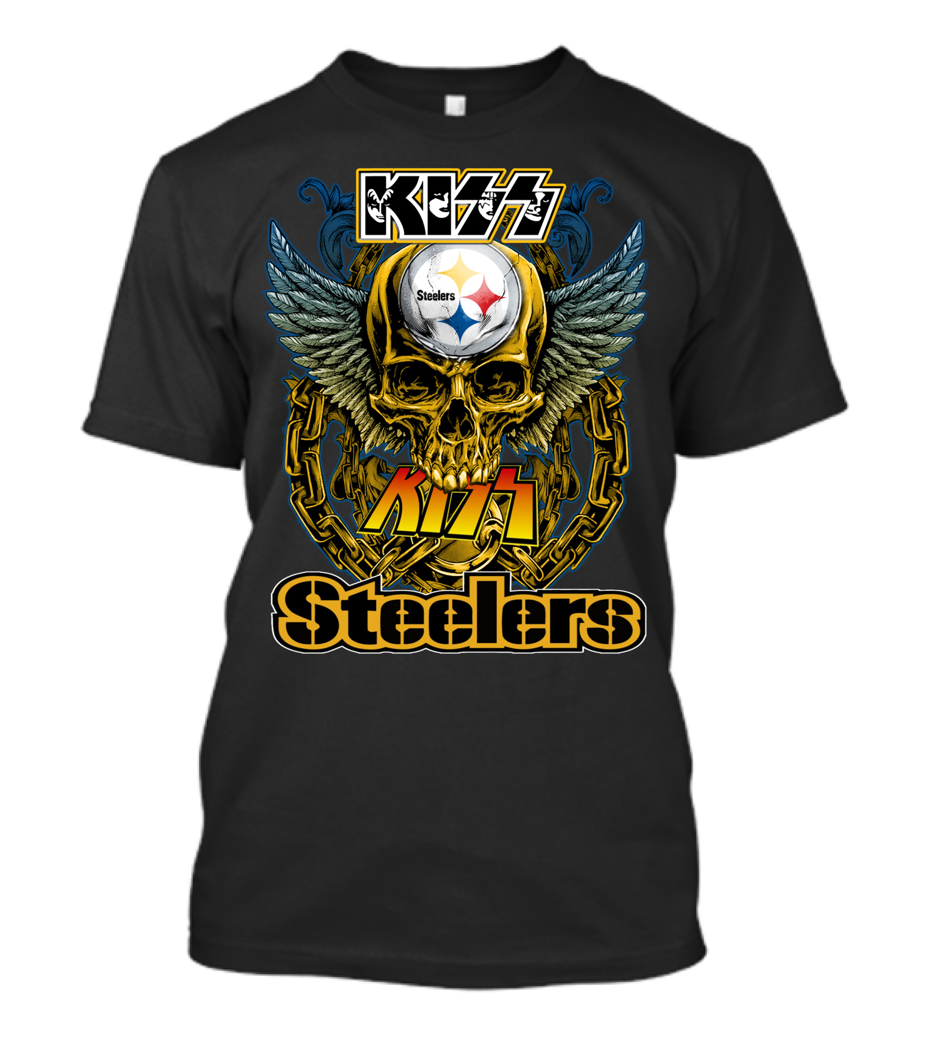 Kiss Steelers Skull Winged Helmet Chain Motif T-Shirt