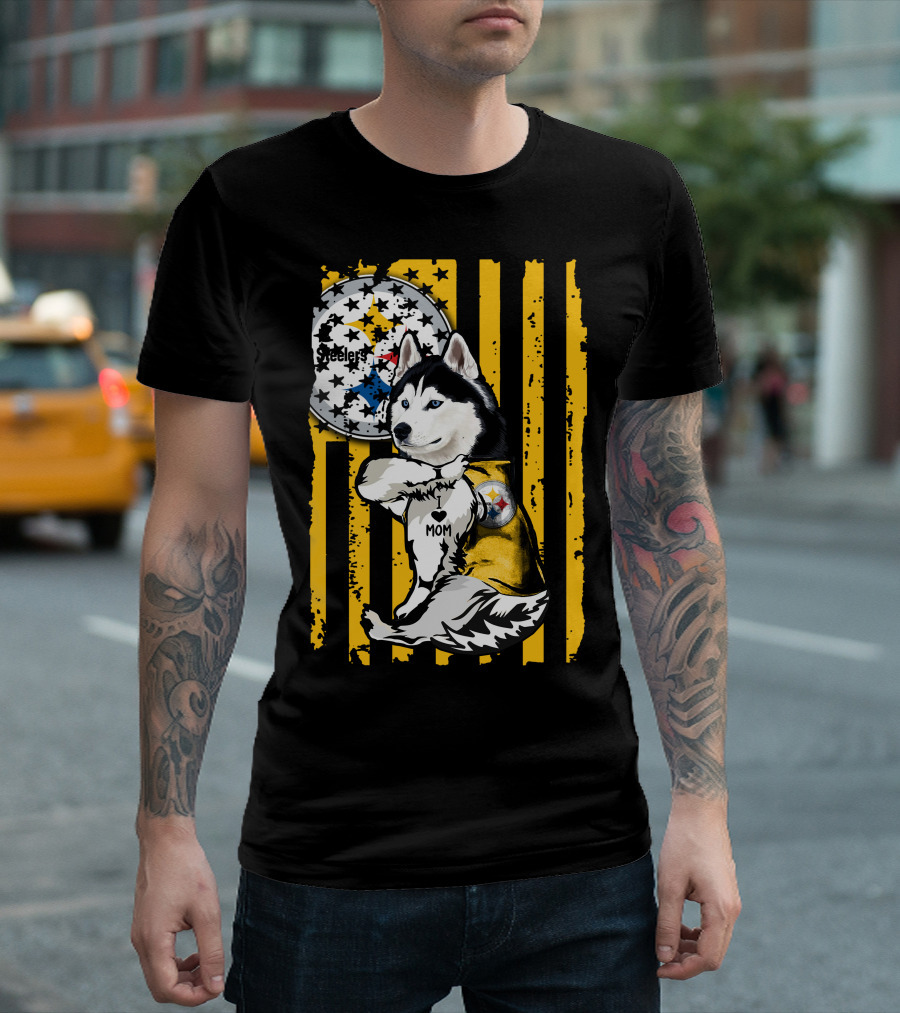 Siberian Husky Steelers Mom Fan Art with Pittsburgh Colors T-Shirt