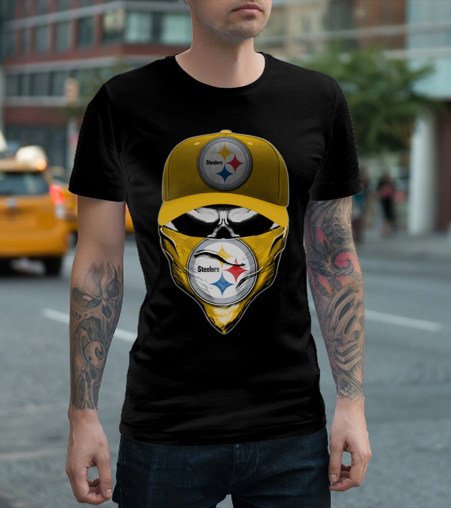 Skull V6 Pittsburgh Steelers Logo with Hat and Bandana T-Shirt