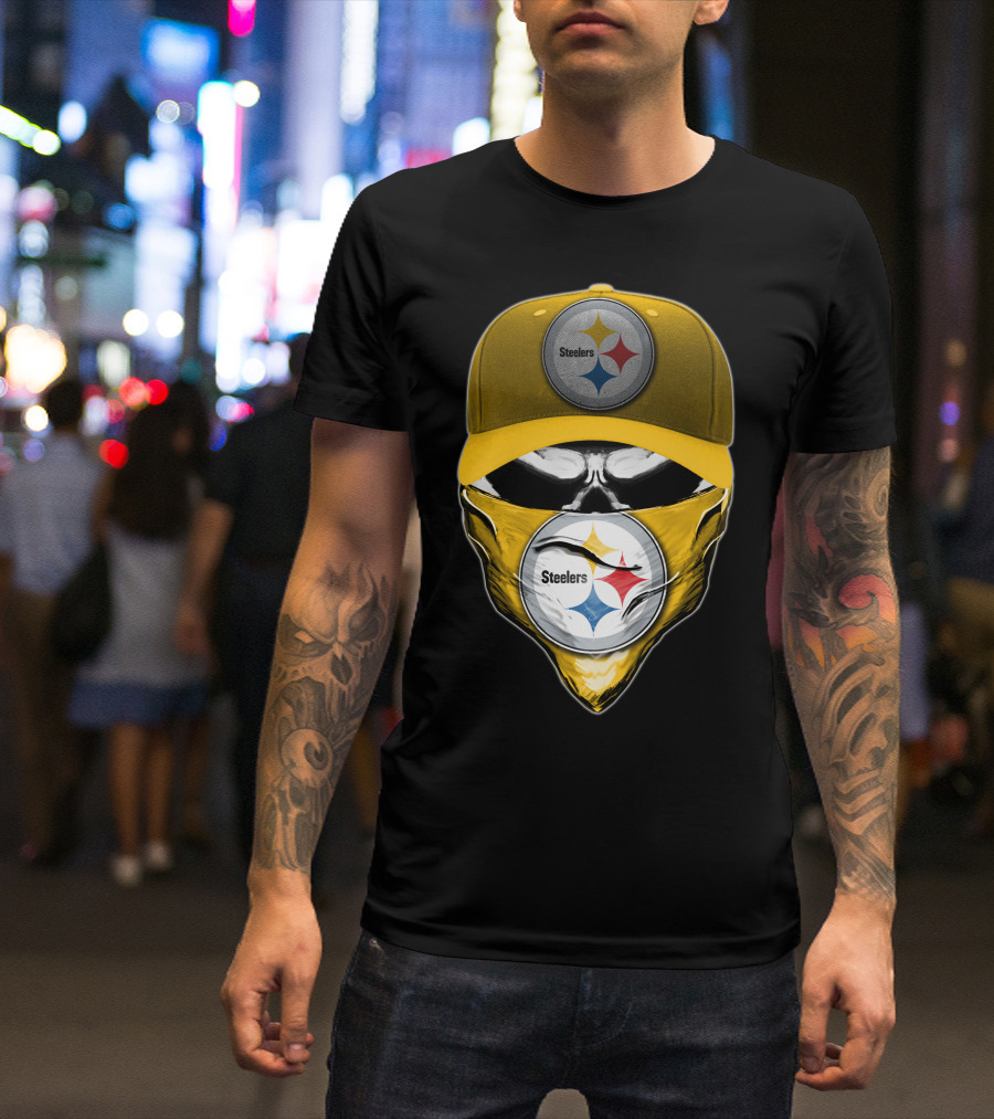 Skull V6 Pittsburgh Steelers Logo With Hat And Bandana T-Shirt