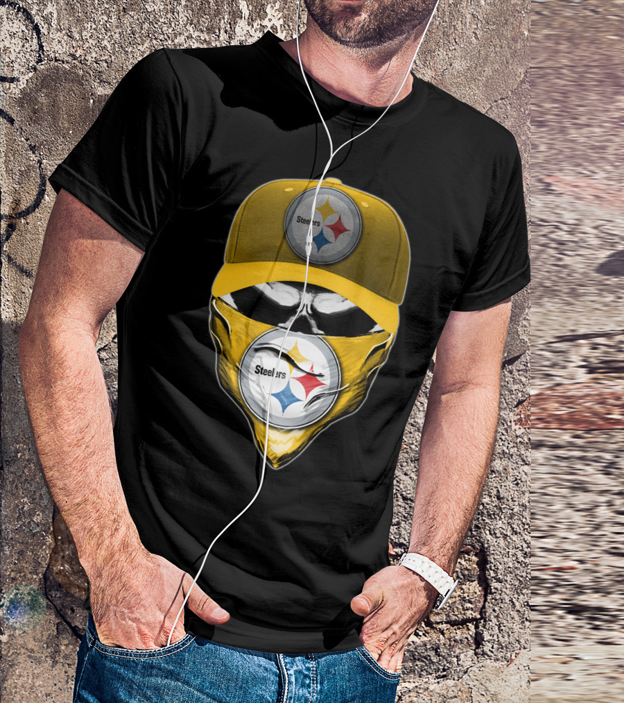 Skull V6 Pittsburgh Steelers Logo With Hat And Bandana T-Shirt