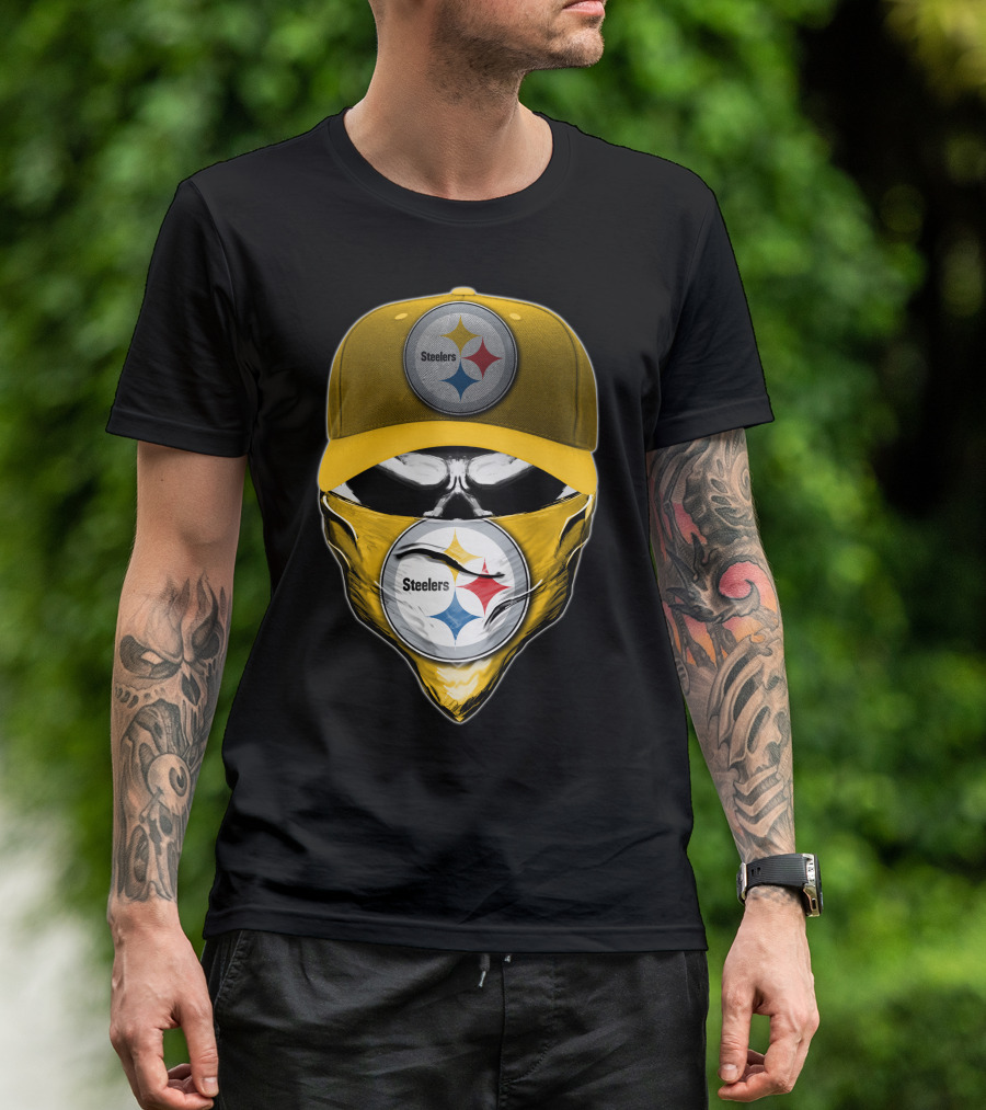 Skull V6 Pittsburgh Steelers Logo With Hat And Bandana T-Shirt