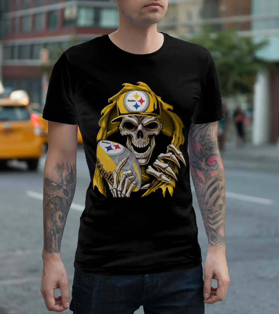 Skullbong Steelers Skeleton with Football and Cap T-Shirt