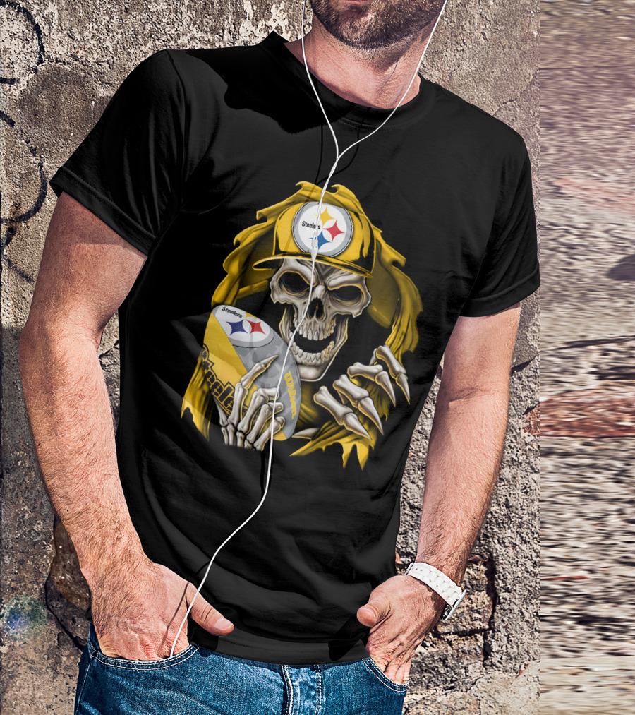 Skullbong Steelers Skeleton With Football And Cap T-Shirt