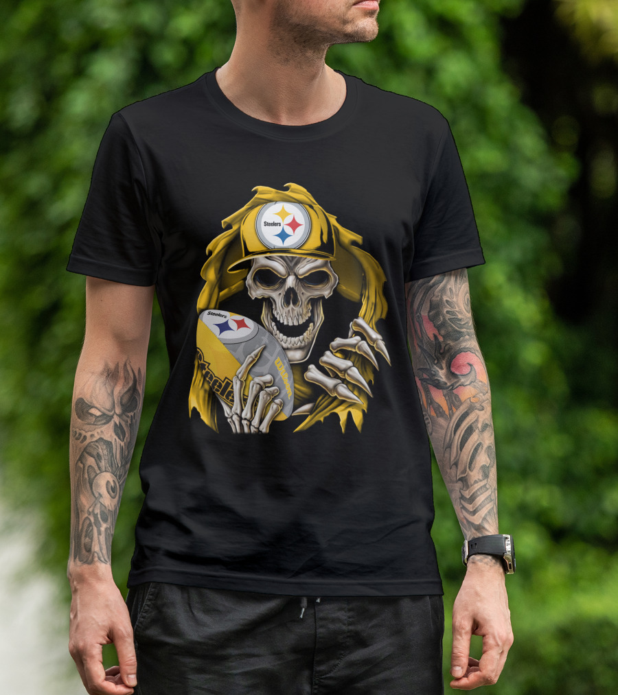 Skullbong Steelers Skeleton With Football And Cap T-Shirt
