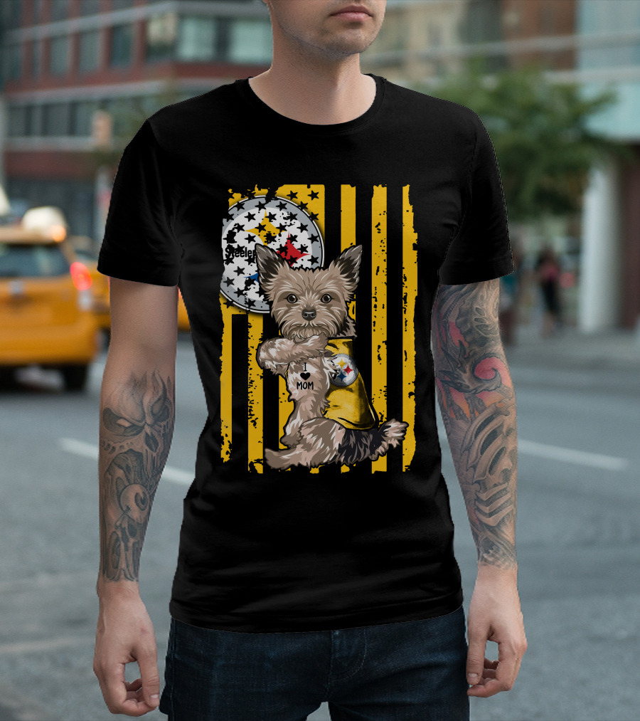 Yorkshire Terrier I Love Mom Pittsburgh Steelers Fan Stripes T-Shirt