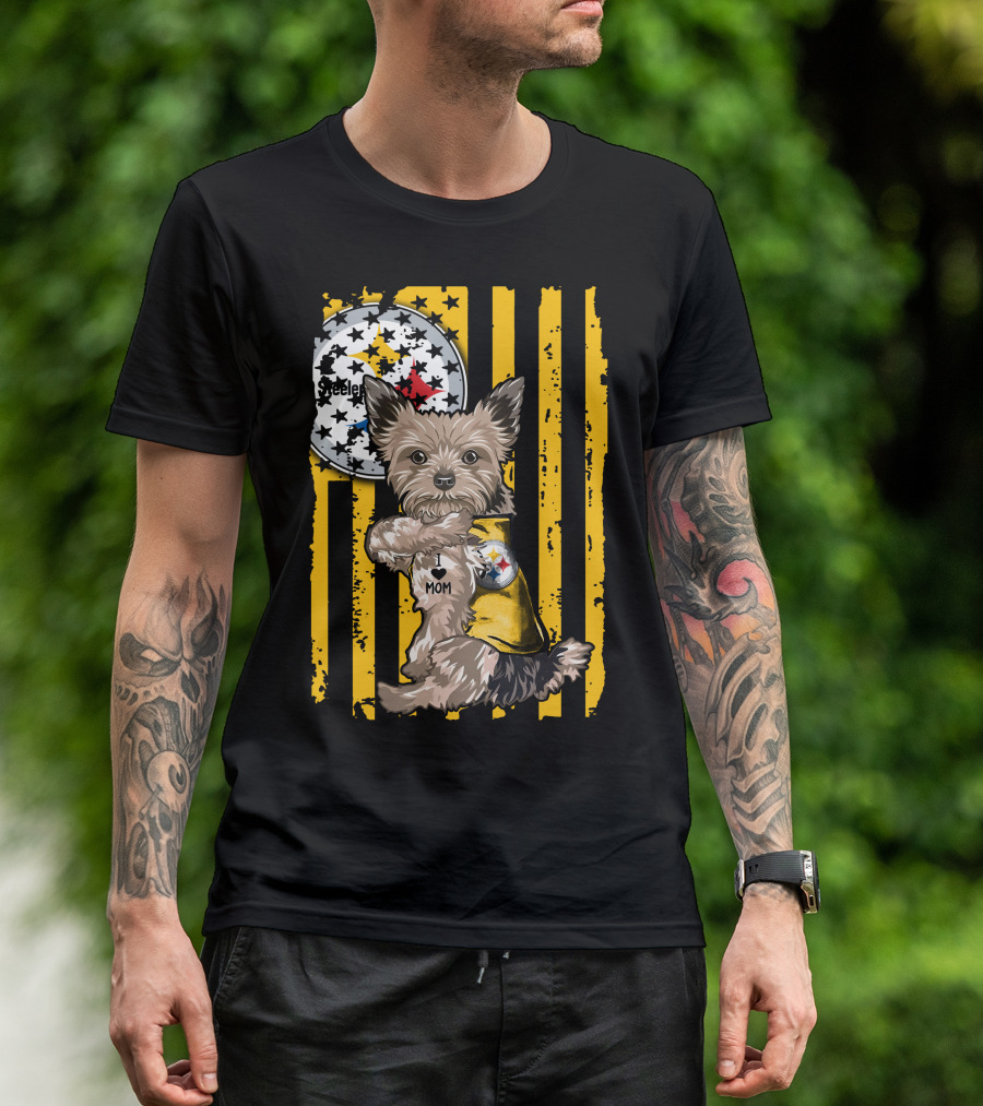 Yorkshire Terrier I Love Mom Pittsburgh Steelers Fan Stripes T-Shirt