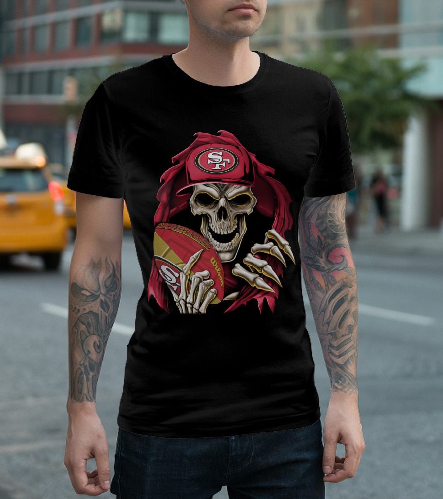 San Francisco 49ers Skull Holding Football with SF Cap T-Shirt