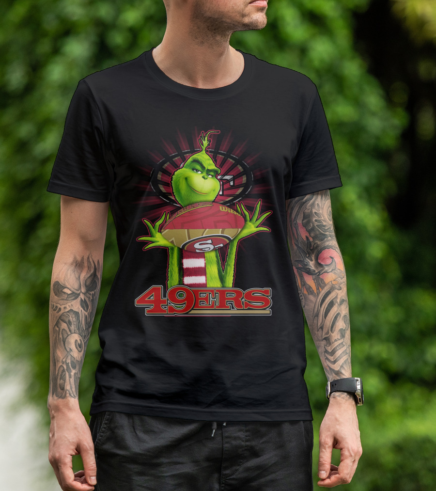 Grinch Holding Football San Francisco 49ers Logo 49ers T-Shirt