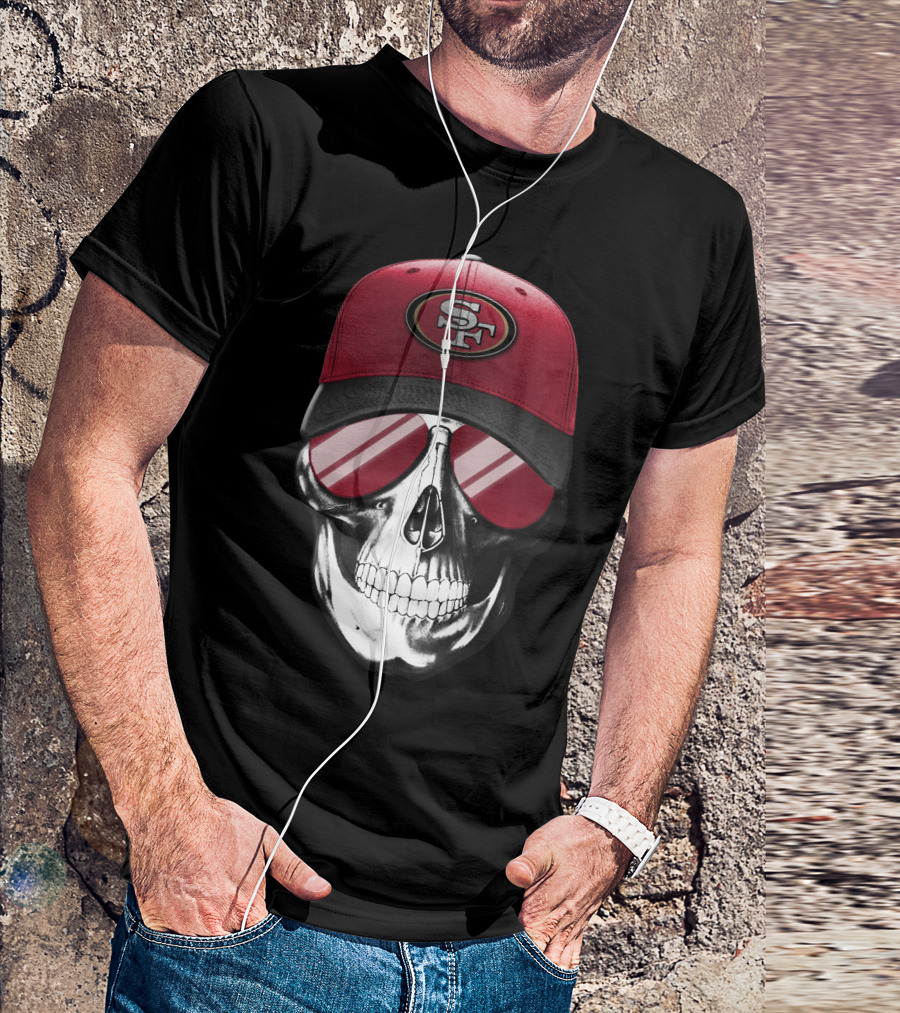 Skull V7 San Francisco 49ers SF Logo Hat And Sunglasses T-Shirt