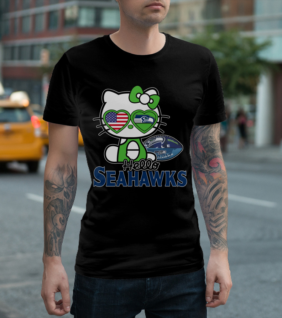 Hello Kitty Seahawks Football Fan USA Heart Glasses T-Shirt