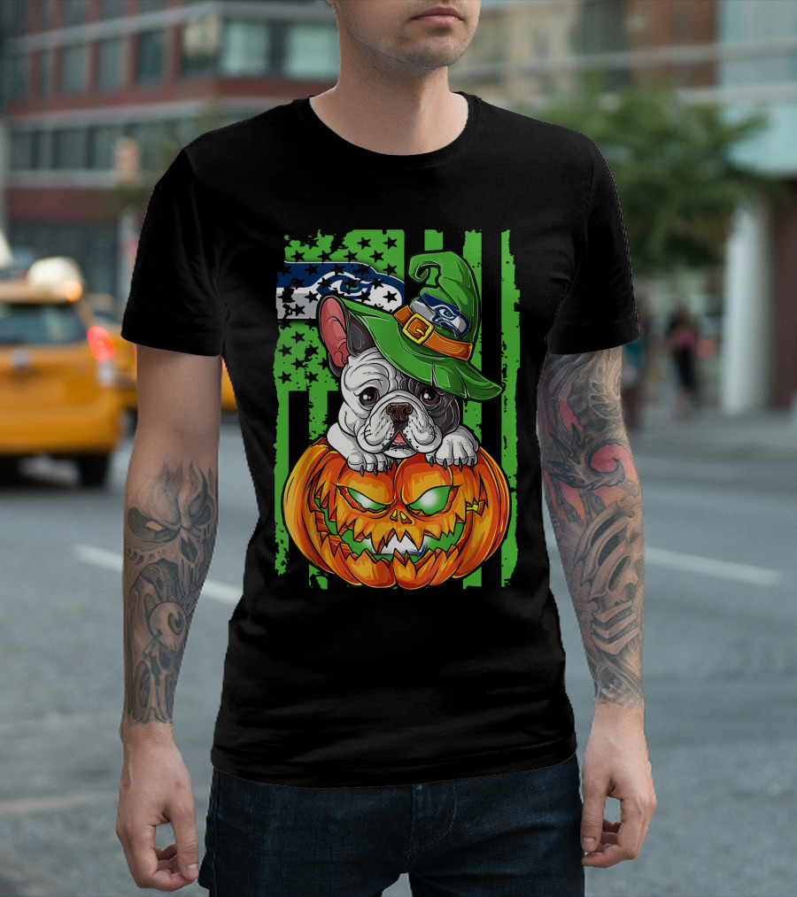 Hlw Bulldog Seattle Seahawks Halloween Pumpkin Wizard Hat T-Shirt