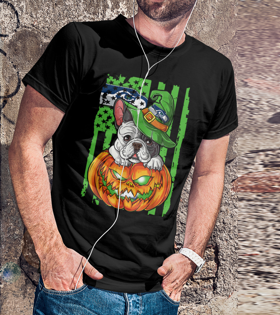 Hlw Bulldog Seattle Seahawks Halloween Pumpkin Wizard Hat T-Shirt