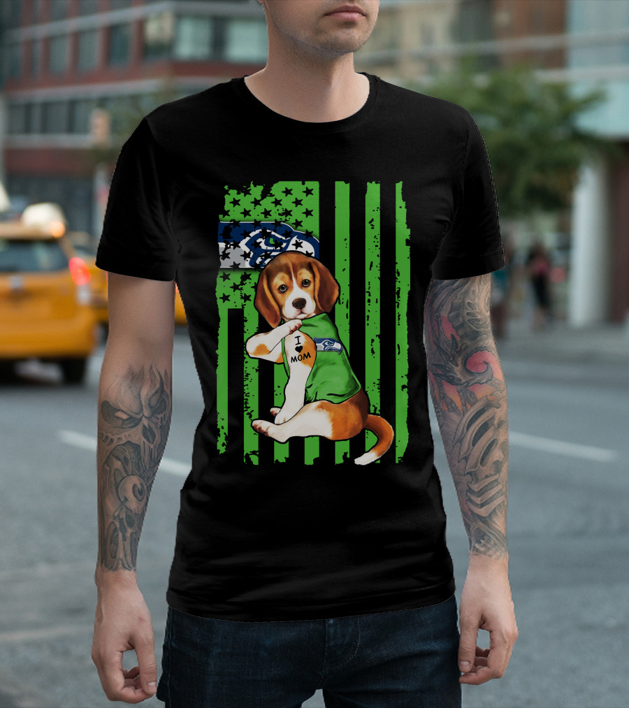 Seattle Seahawks Beagle with I Love Mom Tattoo T-Shirt