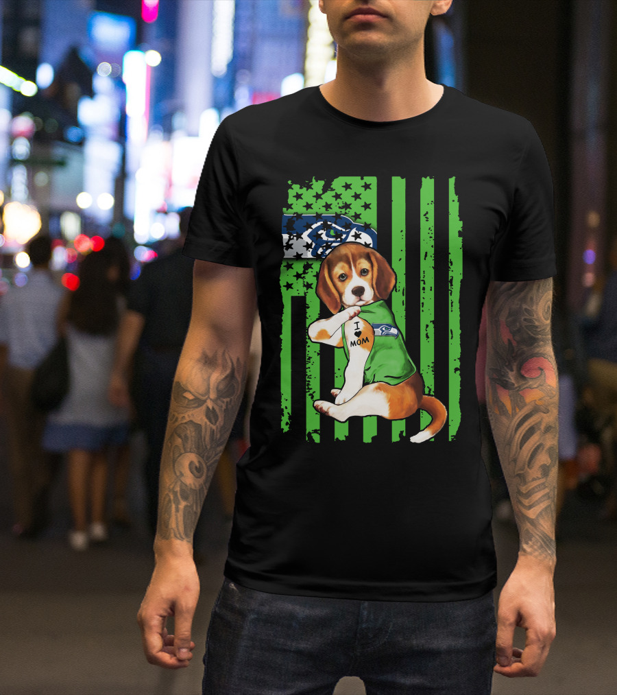 Seattle Seahawks Beagle With I Love Mom Tattoo T-Shirt