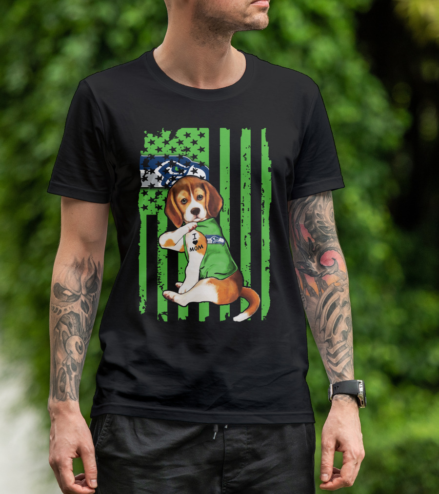 Seattle Seahawks Beagle With I Love Mom Tattoo T-Shirt