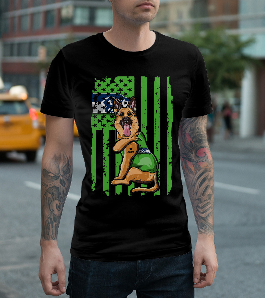 German Shepherd I Love Mom Seattle Seahawks Flag T-Shirt