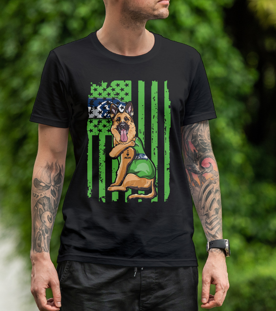 German Shepherd I Love Mom Seattle Seahawks Flag T-Shirt