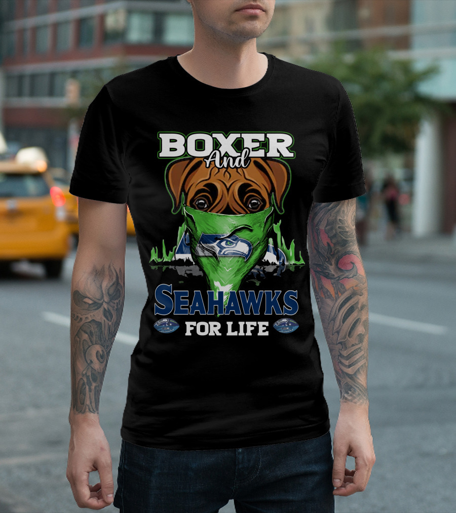 Boxer and Seahawks for Life Seahawks Mask Green Blue Dog Fan T-Shirt