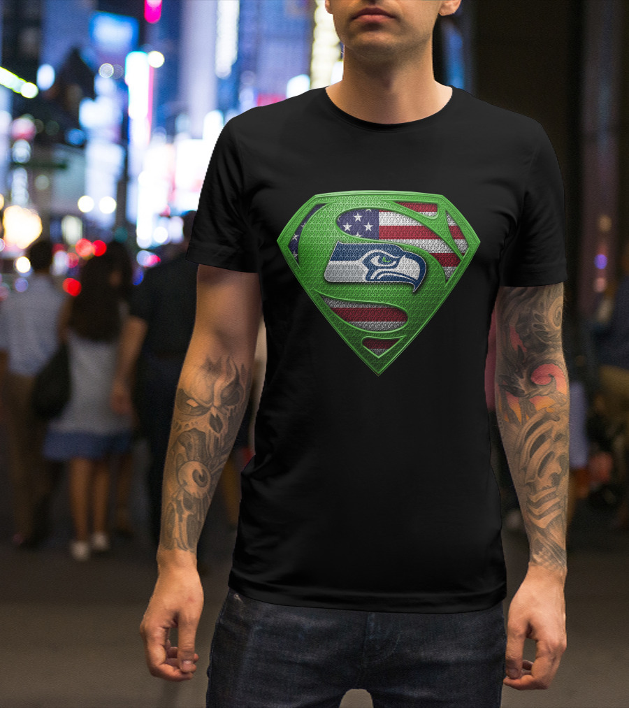 Seattle Seahawks American Flag Superhero T-Shirt