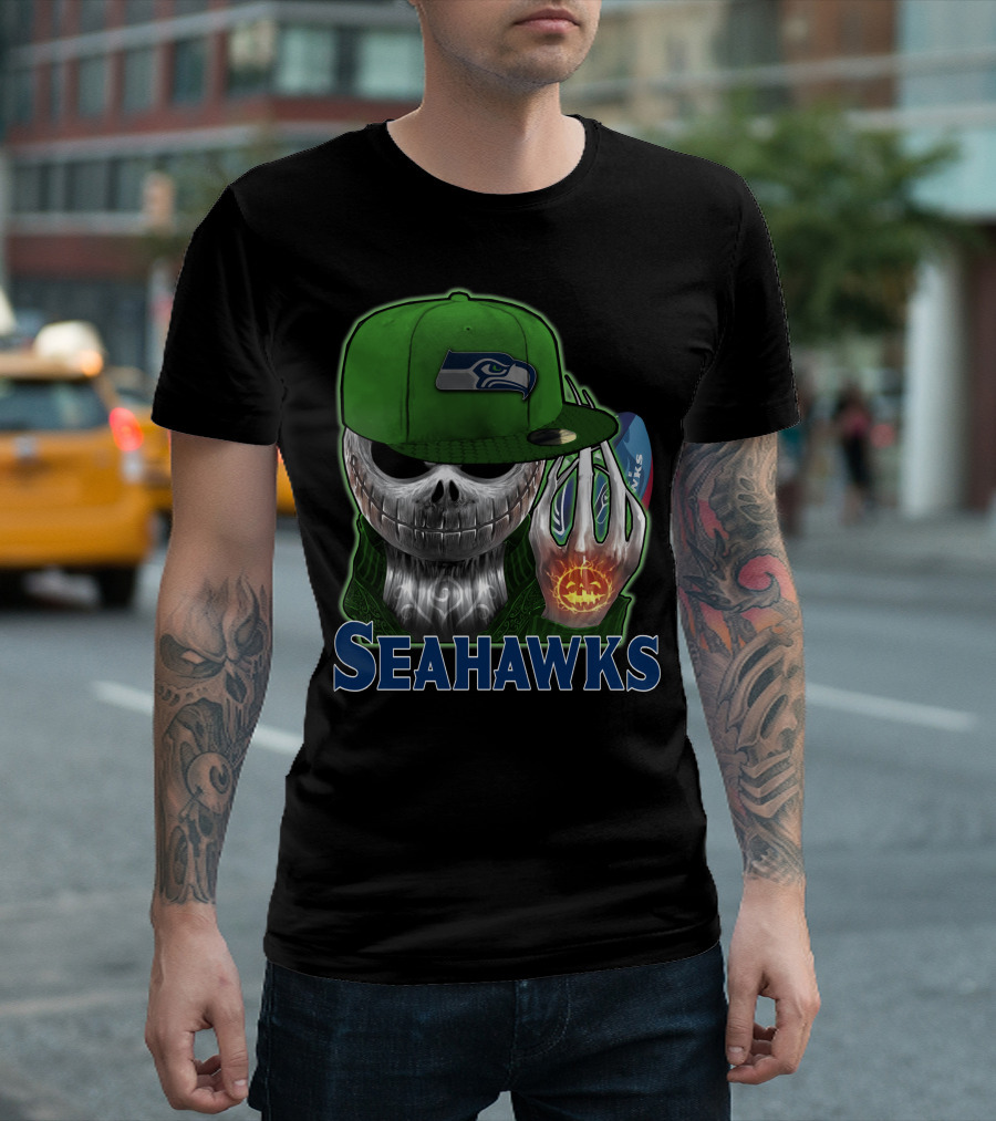 Jackskull in Green Cap Holding Pumpkin Seattle Seahawks T-Shirt