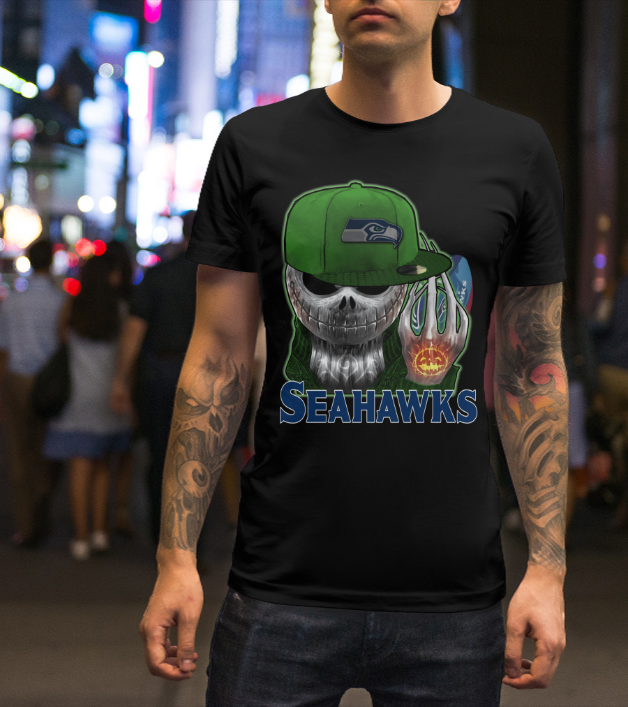 Jackskull In Green Cap Holding Pumpkin Seattle Seahawks T-Shirt