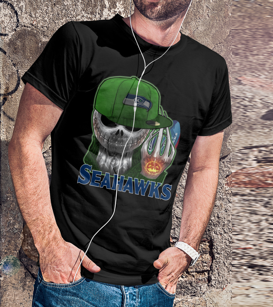 Jackskull In Green Cap Holding Pumpkin Seattle Seahawks T-Shirt