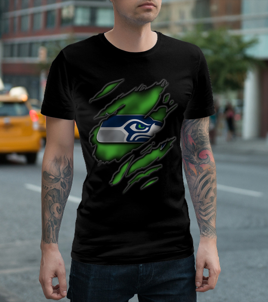 Torn V3 Seattle Seahawks Logo on Green T-Shirt