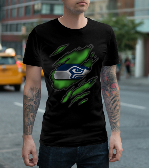 Torn V3 Seattle Seahawks Logo On Green T-Shirt