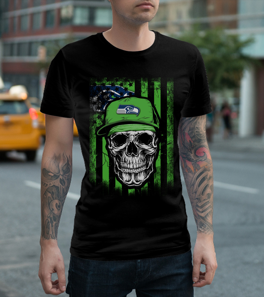 Skull in Seattle Seahawks Cap with Green Stripes and Team T-Shirt