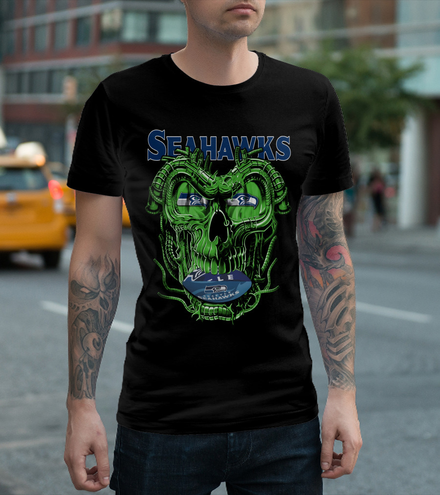 Dragonskull Seahawks Green Skull Design with Seattle Seahawks T-Shirt
