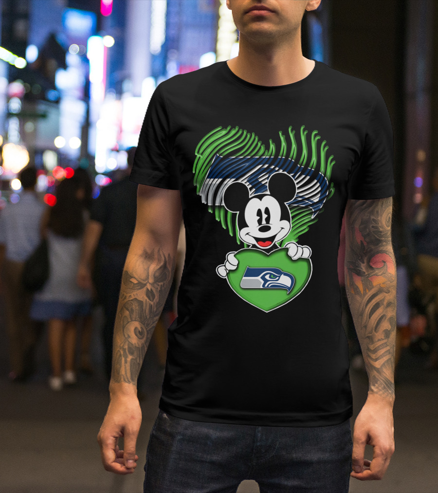 Mickey Mouse Heart Green With Seattle Seahawks T-Shirt