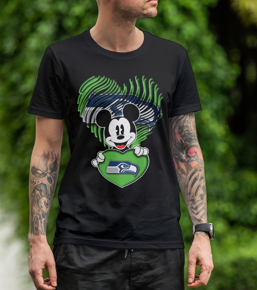 Mickey Mouse Heart Green With Seattle Seahawks T-Shirt