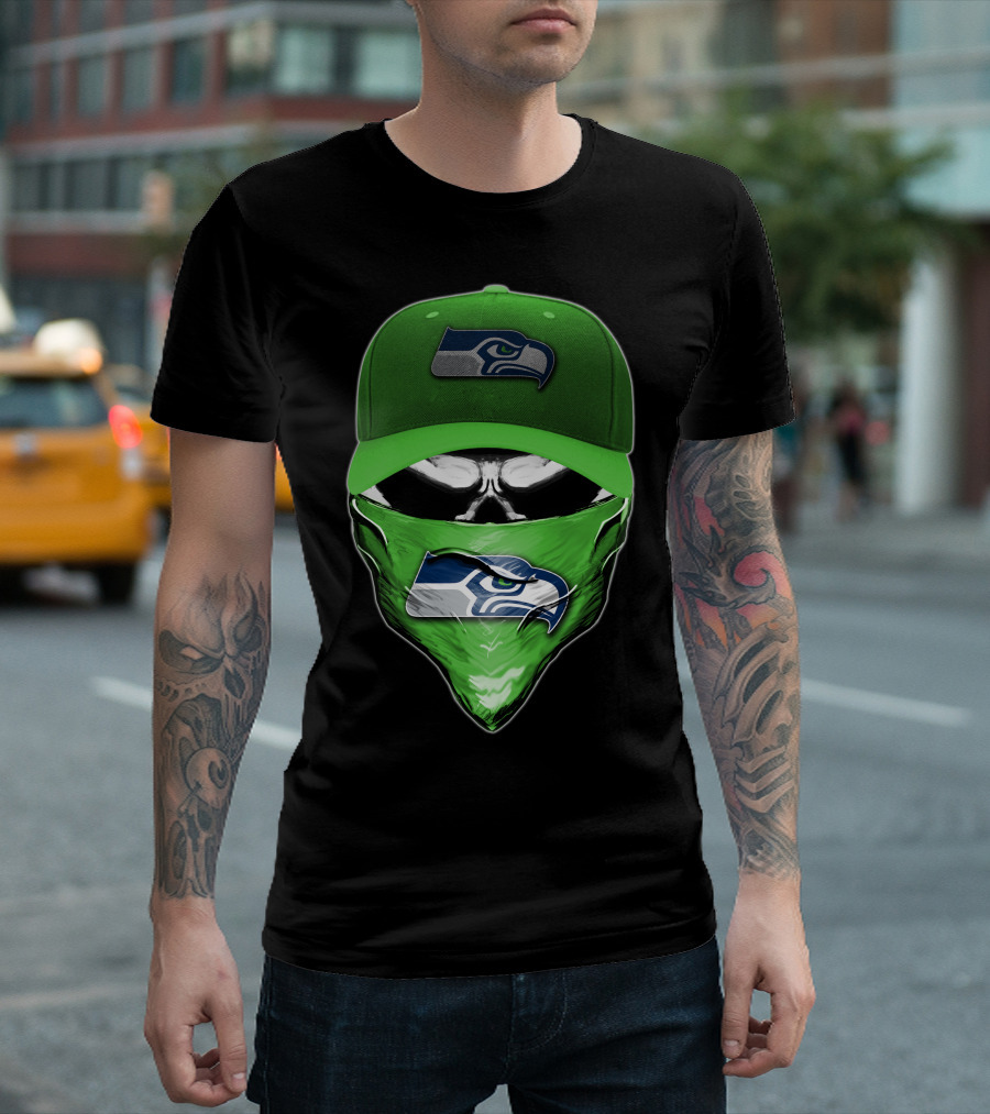 Skull V6 Seattle Seahawks Logo on Green Cap and Bandana T-Shirt