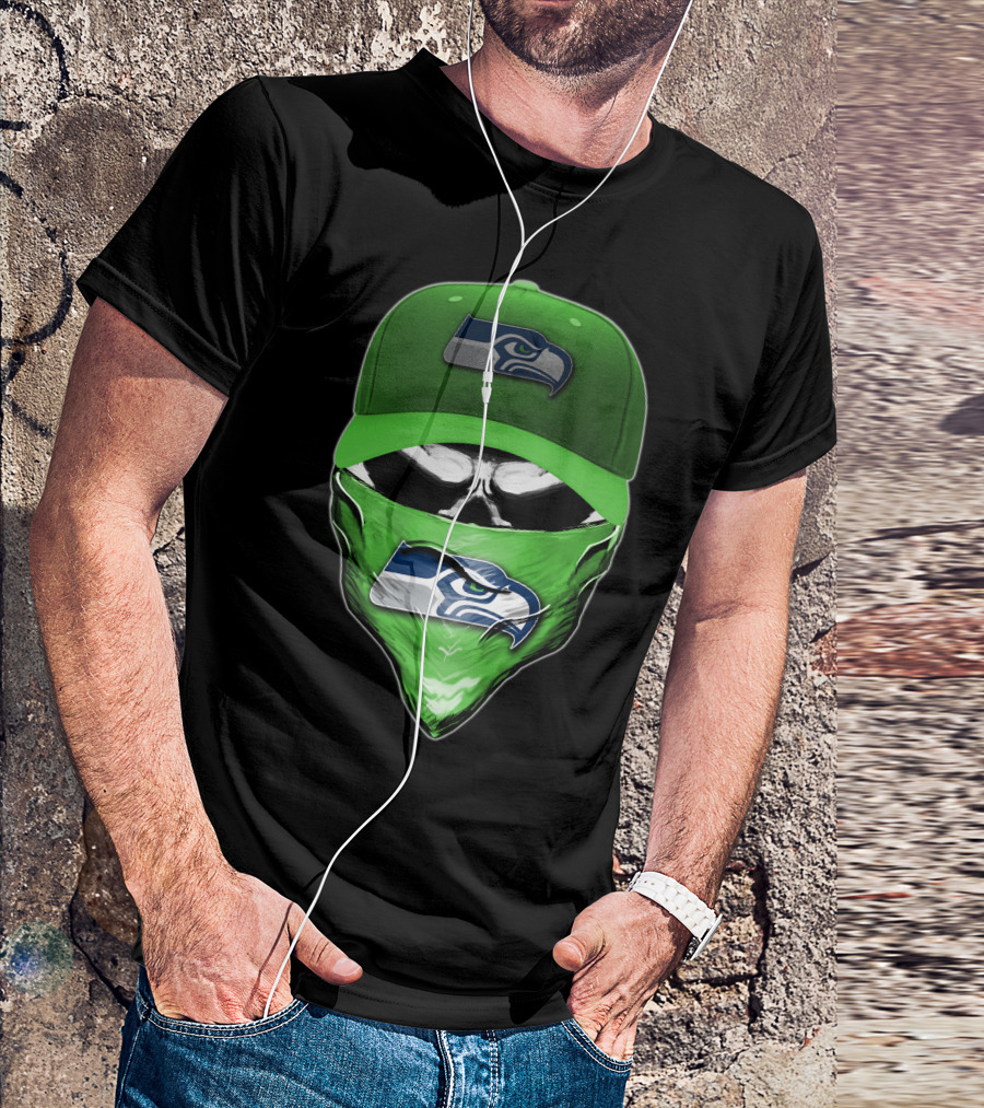 Skull V6 Seattle Seahawks Logo On Green Cap And Bandana T-Shirt