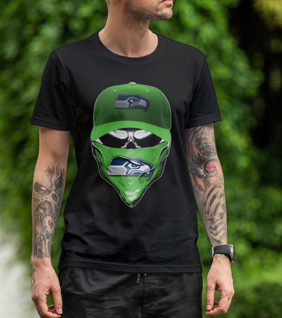 Skull V6 Seattle Seahawks Logo On Green Cap And Bandana T-Shirt