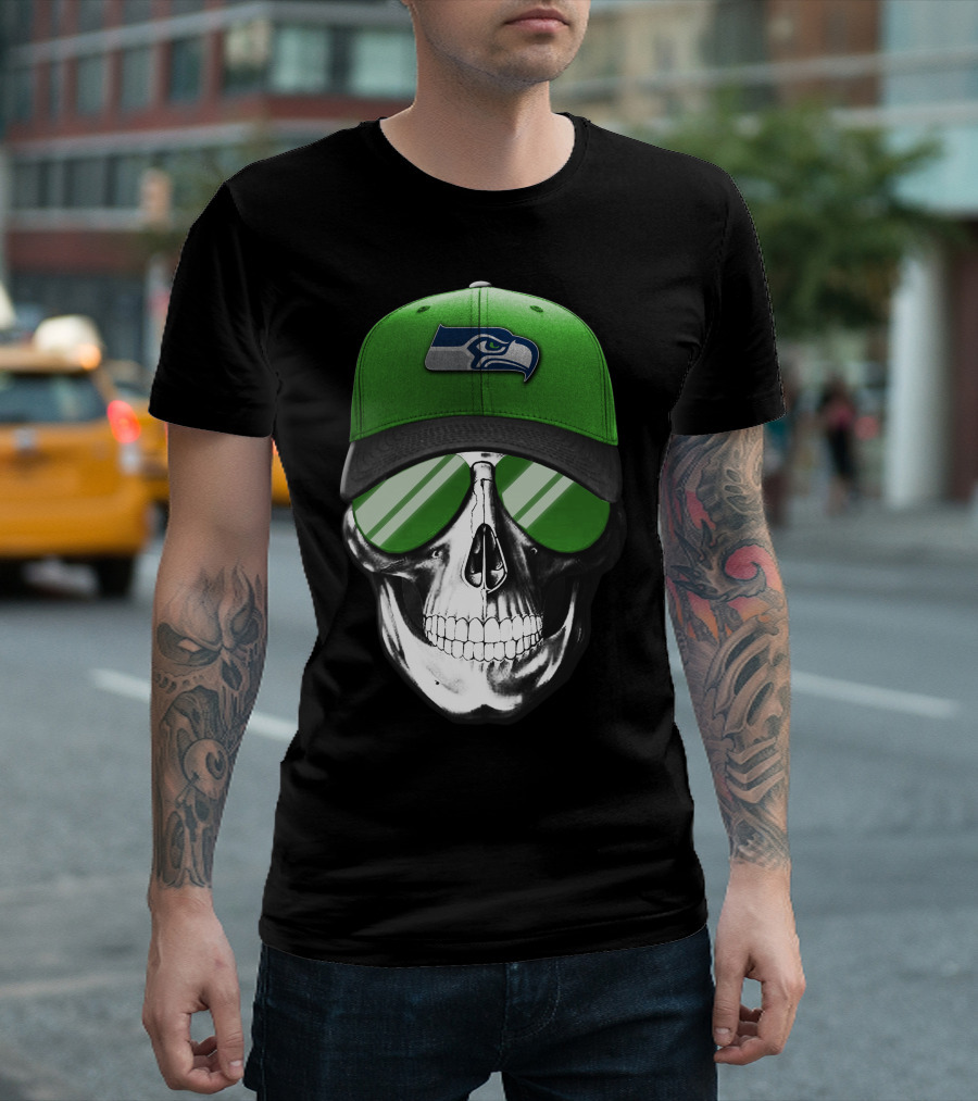 Skull V7 Seattle Seahawks Green Hat and Sunglasses T-Shirt