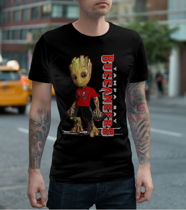 Groot In Tampa Bay Buccaneers Gear Standing With Football T-Shirt
