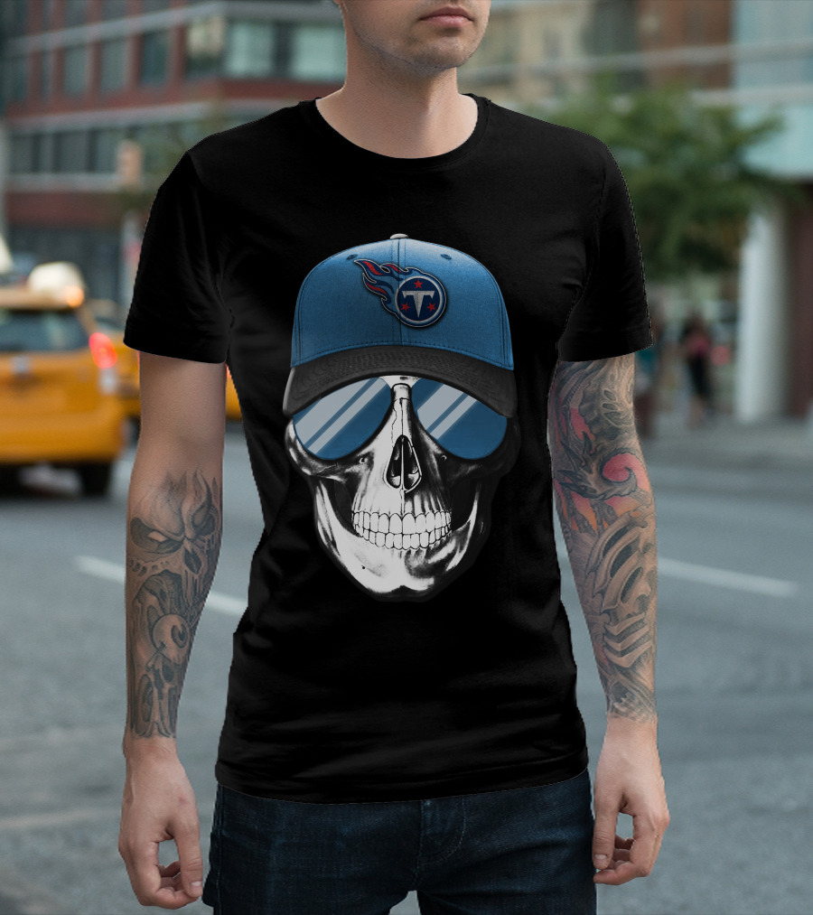 Skull With Tennessee Titans Logo Blue Cap And Sunglasses T-Shirt